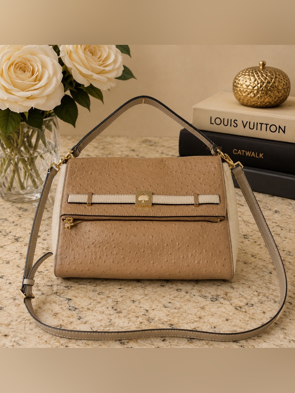 Kate Spade Ostrich Embossed Foldover Crossbody Beige Ivory Leather Bag